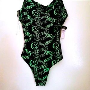 Rue21 Black with Green words/emoji print fabric one piece bodysuit M